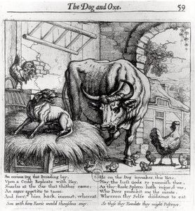 「犬と牛」のイラスト、イソップ寓話、1666年